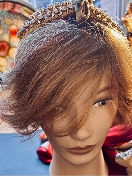 Luxury 2” Mustard Velvet Bow Headband w/ 3” Crystal & Gilded Leaf Embellishment - Picture 6 of 7